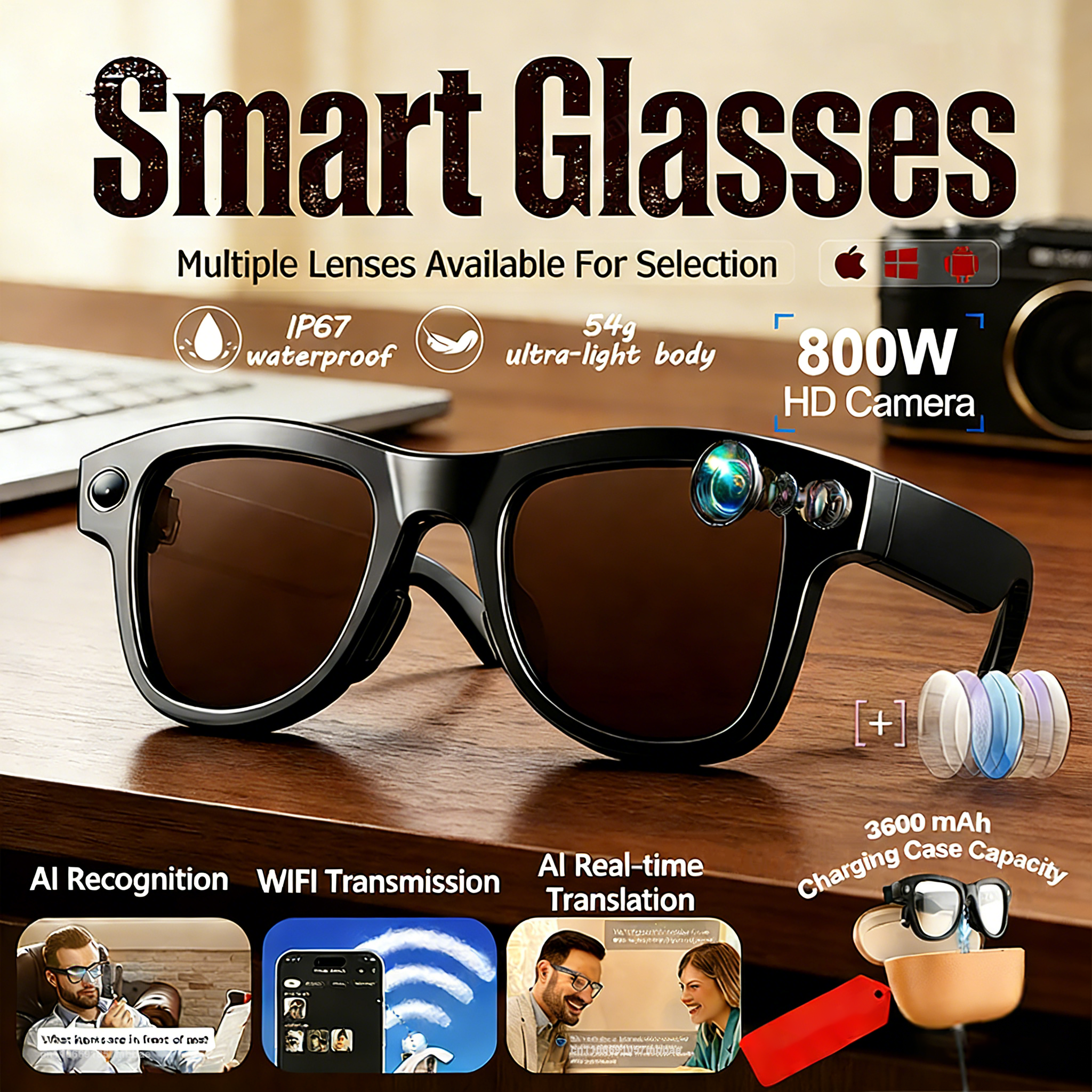 Photography With Ai - Gafas Inteligentes 4K HD con Cámara,